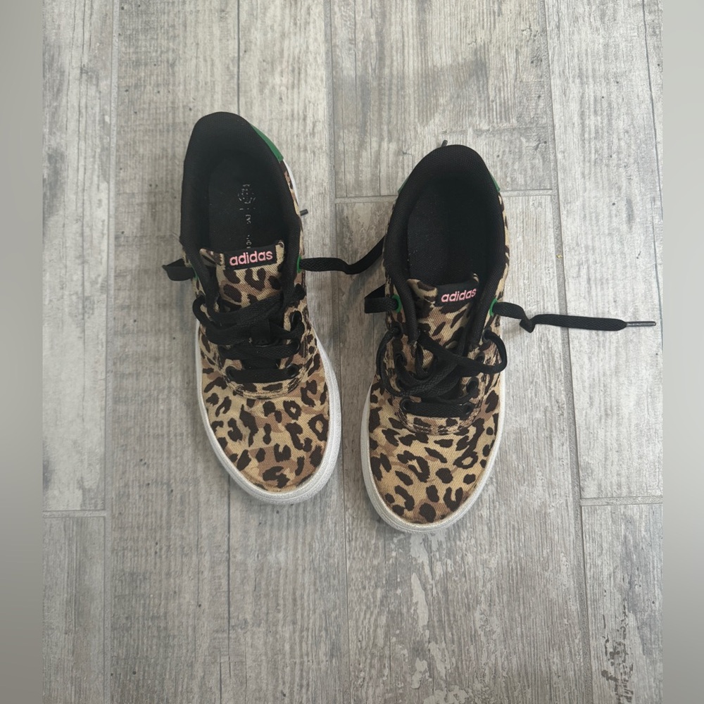 Leopard print adidas shoes with green leather details and pink writing. - Picture 5 of 7